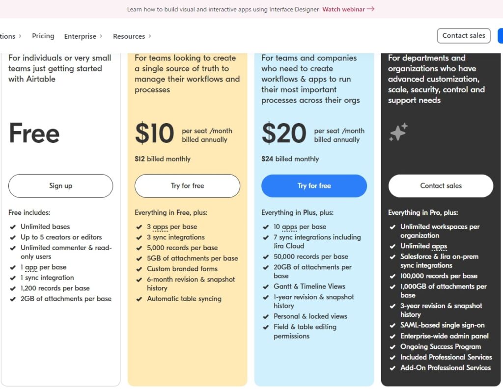 Airtableの料金表